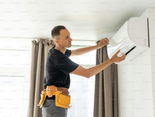 HVAC technician inspecting an indoor residential air conditioning unit before summer.