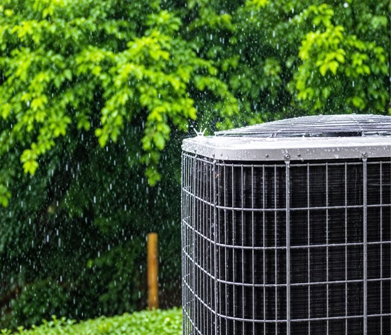 HVAC technician inspecting an outdoor AC condenser for cooling and electrical problems