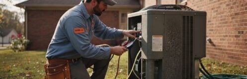 HVAC technician performing air conditioning service in Murfreesboro TN on a residential outdoor AC unit.