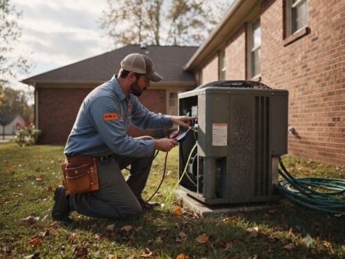HVAC technician performing air conditioning service in Murfreesboro TN on a residential outdoor AC unit.