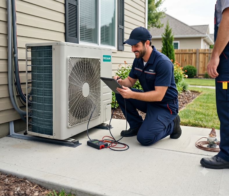 Professional technician inspecting an outdoor AC condenser during air conditioning service in Murfreesboro TN.