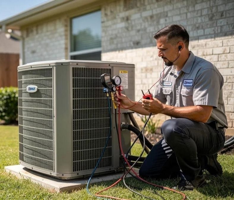 Technician diagnosing an unusual sound during air conditioning repair in Murfreesboro TN.