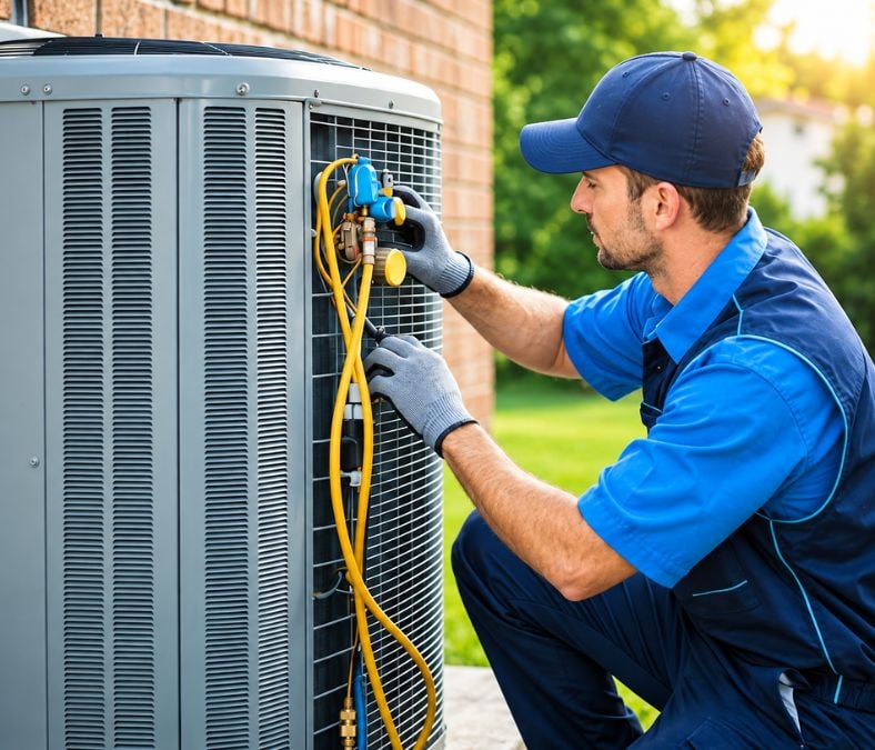 technician performing HVAC repair in Franklin TN while inspecting an outdoor condenser